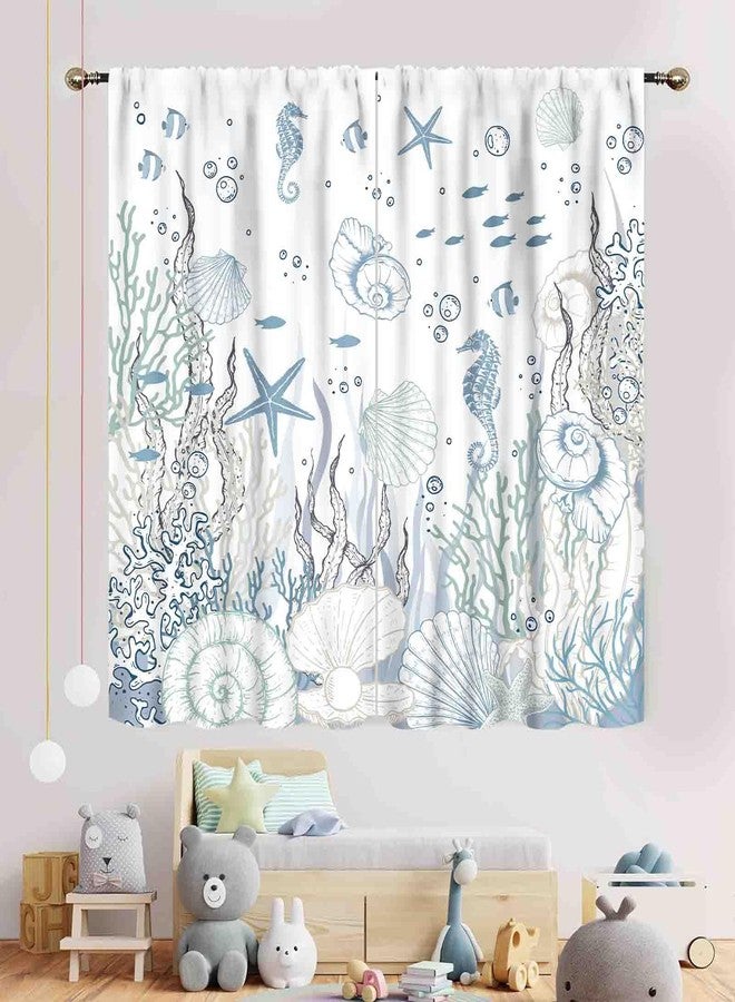 TKUYO Nautical Beach Curtains, Coastal Seahorse Sea Turtle Starfish Seashell Undersea Animal Blue Blackout Drapes for Bedroom Living Room Kids Room Bathroom Kitchen Window Treatments 2 Panel, 42"x45" Inch - Image 3